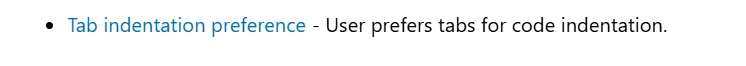 MEMORY.md 中的一条记忆条目示例：Tab indentation preference — User prefers tabs for code indentation